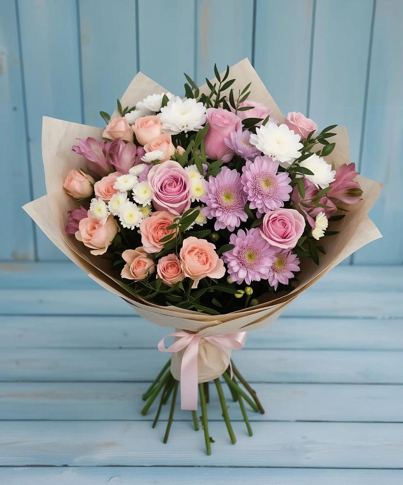 Букет цветов из: Хризантемы, Розы и Альстромерии в Инзер