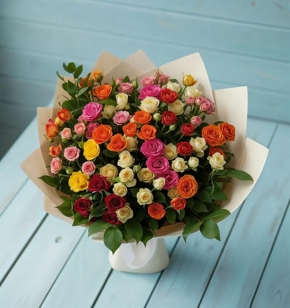 Букет Микс из разноцветных кустовых роз в Инзер