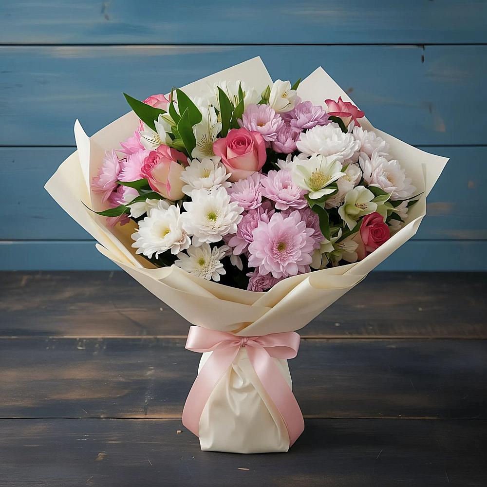 Букет цветов из: Хризантемы, Альстромерии и Розы в Инзер